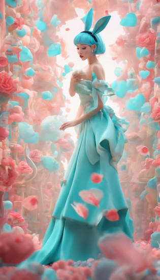 A girl, Tiffany blue hair, Tiffany blue hair, Short hair, (With metal rabbit ear headband: 1.2), full bodyesbian, (Exquisite features: 1.5), Wear a fantastic surrealist frilled skirt, The color of the skirt is a Tiffany blue and pink gradient, There are pink marshmallows around?Like coral, Dance on a pink color dotted with black butterflies, The overall ambient color is Tiffany, style of surrealism, artistic photograph, in wonderland, Tiffany's dream, Soft dreams, Transparent light, high-definition photography,