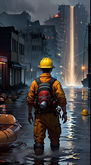 (Fearful:1.3) A firefighter,yellow hardhat?Red life jacket?life raft?dangers?resistors?downpours?salama?From behind, Run-down town?natta?Light in the night?In the ruins,floods?downpours?save?grieves?Rainy weather?City lights reflect damp parts