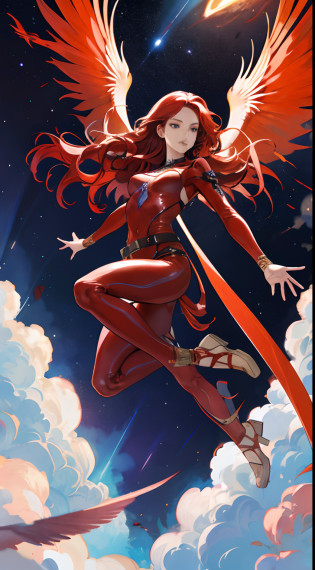 Beautuful Women?a cool?20th generation female?long red wavy hair?Red leather?body suit?heel?ornamented?a belt?breastsout?glareing?With keen eyes?realistic illustration?loimu?Big Flaming Wings?loimu?wingspan?Angelic?Cover the sky?wingspan?plural?Fantastic decoration?full body Esbian?look up sky?Reach for the sky?It's like dancing in space??Effect Effects??art by?Fantasia?Beautuful Women?