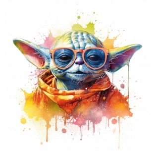 tshirt design, colourful, no background, yoda with sun glasses, dancing at a festival, ink splash, 8k