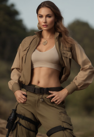 full body, female soldier wearing satin ultra loose harem cargo utility pants with pockets tucked into high heeled knee-high boots tank top and waist belt chest straps meticulously detailed full body view, Raw photography?22-year-old girl, (1girl in)?(realisitic)?(Photorealsitic:1.5)?lipstickornfreckles?(Raw photography?8K UHD?film grains)?Sharp eyeliner?Blush eyeshadow with thick eyelashes?extremely delicate and beautiful?8K?(Soft lighting)?hightquality?hight resolution?foco n�tido?ighly detailed?during the day?(sunlight on face)?beatiful detailed eyes? extremely detailed eye and face??masterpiece?(lighting like a movie)?(high-detail skin:1.2)?8K UHD?Digital SLR?Soft lighting?hightquality?film grains??masterpiece, top-quality, high quality, high resolution
