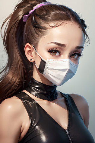 a close up of a woman with a ponytail and a face mask, an album cover inspired by Gina Pell�n, shutterstock, hurufiyya, portrait of ariana grande, ariana grande, ariana grande portrait painting, painting of ariana grande, with a ponytail, brown hair in a ponytail, ariana grande in star wars, round chin black eyeliner, black ponytail hair