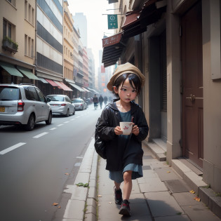 A small beggar?On the street?Very down?Walking?The street is lively