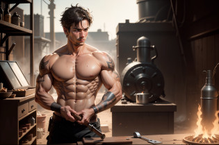 Realistic, detailed, boy, adult, Naked torso, blacksmith, sweat all over his body, hammer in hand, forge, blacksmith furnaces in the background, detailed face, detailed hands, detailed legs, detailed fingers, detailed hair, detailed eyes, detailed skin, dynamic lighting, (photorealistic:1.4), 8k uhd, (hyper realistic), (photo realistic), (masterpiece), (best quality)
