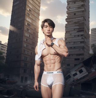 Um menino asiatico, coreano, Pescador, 20 anos, express�oarrogante, Pescador, Kawai, apocalyptic scenery, corpo suculento, cueca transparente, detalhe, arte digital extremamente realista, cueca suculenta, dinamic pose, Background with destroyed buildings, detalhado, body with body oil, cueca fina e com volume, pelos pubianos aparecendo, realista, arrogant expression, 20 anos, cueca transparente,