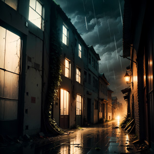 (Armageddon)?Dilapidated city?Plants climbing all over the walls ?Night?raining heavily?Black rain?Fog?Fog?Dilapidated streets?Dimly lit alley??gloomy lighting??relic?(Dilapidated buildings)?(Uninhabited city)
