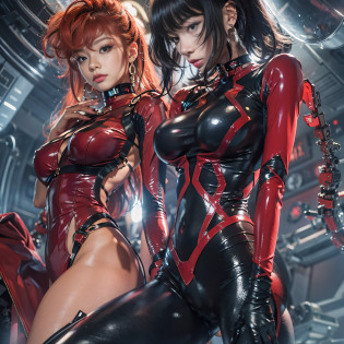 ((?masterpiece)?(top-quality)?(reallistic))?Dirty pair?Yuri and Kei?latex shiny:1.4?Bondage style?age19?2girls?Super Beauty Duo?Super Ultra Ultra Bikini?Beautiful tattoos:1.4?Sexy Daughter?body piercings:1.7?Colossal tits:1.4?The background is a futuristic night city on the edge of the galaxy?Super Beautiful Duo?Outstanding style?Space Federation Direct Trouble Consultant?Crisp focus:1.5?Slender Abs:1.2?hips up high?A detailed eye?Raw photo?red-lips?Red high heels?a choker?a necklace??Nipple Ring?