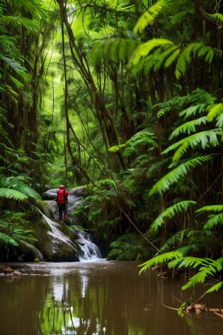 A beautiful close-up((adventurer)),jungles,oases,giant and wet trees