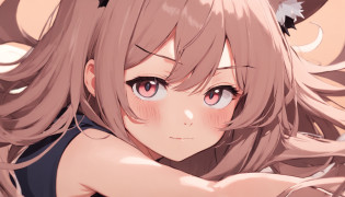 A drawing of a girl with long hair and cat ears, Ilya Kuvshinov con cabello largo, Chica anime con pelo largo, (Chica anime), linda chica de anime, Anime Moe Artstyle, small curvy loli, Una chica de anime, Chica anime, linda catgirl de anime, Joven chica anime, Chica bonita de anime, Anime visual de una chica linda, brown hair, hair bobbles, wince, longeyelashes, solid circle eyes, fake cat ears, light smile, ear blush, fang, Surrealism, drop shadow, anaglyph, stereogram, tachi-e, pov, atmospheric perspective, 8k, super detail, ccurate, best quality, enoki, en0ki_desu, streamer Enoki de Schrodingerlee videos y fondo Valorant