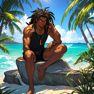 best quality, serious,Summer, sun, beach, coconut palms, swell sea, nature, light blue sky, island paradise, big waves, surfer surfing the big waves in the background, other surfers sitting on the boards, young boy sitting on the sand, under the shade of the coconut trees, beams of light illuminating his face, luiz nos olhos, cabelo longo negro com dreads, cabelo ondulado, pele bronzeada, garota linda de bikini ao seu lado, casal, homem e mulher, garota sexy de bikini, garota negra de pele escura, garota de bikini, garota de cabelo cacheado, cabelo black power, pele negra e cabelo black, smoking a marijuana cigarette burning the ember releasing the smoke up, Thoughtful, looking down, black tank top, black surf shorts with coconut print details, anime style, dragon ball z, sand particles and sea air in the air, mystical, mysterious, natural atmosphere, sitting on the stone with moss and vegetation, flowers, boards buried in the sand of the beach in the background