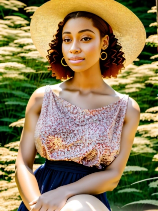 portrait, (mixed ayanajfalistasd15) Escort, Average Height, Lean, Square Face, Fair Skin, Red Hair, Hazel Eyes with Green Flecks, Short Nose, Full Lips, Prominent Chin, Long Hair, Fine Hair, Fishtail Crown Braid, augmented breasts, Stud earrings, shimmer, metallic lipstick, A floral sundress with sandals and a straw hat, singing, edge light, dappled, Chromatic