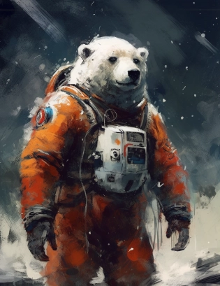 a bear is in space suit, standing in the dirt, in the style of fantasy art, dark white and dark orange, poodlepunk, flickr, charming characters, marine painter, hd --ar 10:13