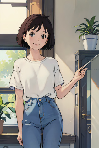 (?masterpiece:1.4)?(top-quality:1.4)?(hight resolution:1.4)?a smile?girl with?Bob Hair?1 girl in?inside in room?huge window?Plain white t-shirt?Wearing jeans?houseplant?bookcase?lo fi?