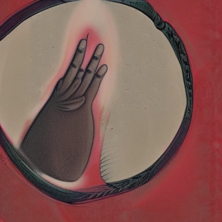 The image portrays a hand shrouded in an aura of darkness and mystery. The hand, with fingers elongated and twisted, extends towards the viewer, clasping a blood-red rose. The atmosphere around the hand is tinged with an otherworldly essence, as if it exists in a realm caught between the mortal world and the supernatural.