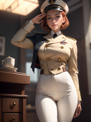 (1girl:1.4), (sfw), (clothed), (masterpiece), illustration,(realistic:1.5), (specular lighting:1.4), (hyperrealistic:1.2), (photorealistic face:1.2), (perfect face), (best quality), (8k), (4k), photorealistic, sharp focus, octane render, best quality, extremely detailed, intricate, hyper detailed, fantasy, soft lighting,(medium breasts:1.4), (skindentation:1.3), Matilda Ajan from Gundam, Matilda Agen, Matilda Ajan, looking straight at viewer, one hand down, tan full uniform, tan color uniform, tight off-white pants, perfect body, standing straight up, military attention, military salute, officer uniform, tan military jacket, tan buttoned up jacket, perfect hands, military officer hat, tan color hat, warm smile, kind smile, gundam in the background, short auburn hair, one hand down, hair slicked back, cropped hair, thigh gap