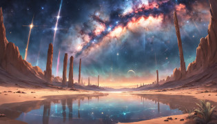 (Time-lapse photography:1.55),The main body of the picture is an endless desert, with a thriving oasis in the middle,A world imprisoned in glass containers,Realism,Astrophotography,starry sky,