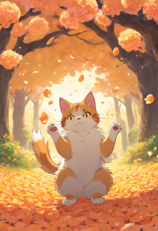 Obra maestra, La mejor calidad, Gato y bola de hilo, Gato jugando con bola de hilo, Detalles, warm colours, Falling peach petals around, Anime de gatos, Lindo