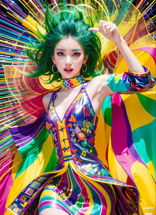 Generate images of women with high quality, colorful and refreshing atmosphere. She wears a novel fashion style, dressed in outfits with a variety of colors and vibrant patterns. The background is full of abstract and fantastic elements, and colorful tones color the space. Her poses are extraordinary, with a feeling of dynamic movement and expressiveness. The effects of light and shadow are skillfully expressed, and the costume details, faces and expressions are colorful and vividly artistic. The overall atmosphere is refreshing, yet stands out with its own avant-garde elements. This image is vividly projected in colorful tones, evoking visual stimulation and aesthetics, and will excite and surprise the viewer. While pursuing an avant-garde style, the colorful palette creates an exhilarating atmosphere.
