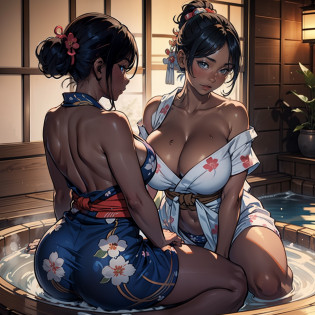 there is a woman that is sitting in a bath tub,(((A MILF: 1.4))), (Curvy:1.35),(((Dark skin)))?kneeling, (arm_support ),legs apart?Curvy physique, Fitness model, Thick body,blue yukata? (bare shoulders),(no bra),(no panties),(((cameltoe))),(((Breasts overflow from yukata))),?There is only yukata around the waist??Black areola ,Japanese onsen, high-end onsen, Onsen, sakimichan,  komono, model in Japan?((Sexual suggestiveness)),(from behind)?