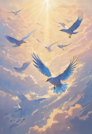 a flock of birds in the sky, beautiful feathers, elegant flight, graceful movements, vibrant colors, natural habitat, clear blue sky, sunlight shining through the wings, birds soaring through the clouds, agile and swift, birds in harmony with nature, peaceful atmosphere, birds in various sizes and shapes, birds in different stages of flight, detailed feathers with intricate patterns, birds flying in formation, bird species diversity, birds chirping and singing, birds gliding on the wind, birds in search of food, birds interacting with each other, birds resting on branches, birds nesting in trees, birds exploring new territories, birds migrating across continents, birds in a tranquil and serene environment, birds as a symbol of freedom and grace, birds as part of the natural ecosystem, birds bringing joy and wonder to the world
