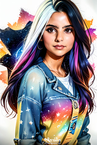 ((masterpiece)), (((best quality))), ((ultra-detailed)), ((illustration)),[realism light effect],shadow,(Fantasy style),(white background:1.6), simple background, (earth theme),(a cloak)[(hair focus,((1girl)),[(big slime hair): (cloud hair):0.3], (hair on background),(high saturation),(hair surrounded by galaxy splashes),)):((her hair is becoming galaxy clouds,:1.27628), (hair and clothes is galaxy clouds and cluster of stars:1.1025),(a cloak is becoming galaxy clouds)(colorful_galaxy_print_clusters_of_stars_print:1.35),((detailed starry sky with colorful galaxy and galaxy clouds):1.2)):0.35], (((masterpiece))),(((best quality))),((ultra-detailed)),(illustration),(dynamic angle),((floating)),(paint),((disheveled hair)),((beautiful detailed face)),collar,bare shoulders, ((colorful hair)),((streaked hair)),beautiful detailed eyes,(Gradient color eyes),(((colorful eyes))),(((colorful background))),(((high saturation))),(((surrounded by colorful splashes))),(((surrounded by colorful dot))),colorful bubble,((shining)),