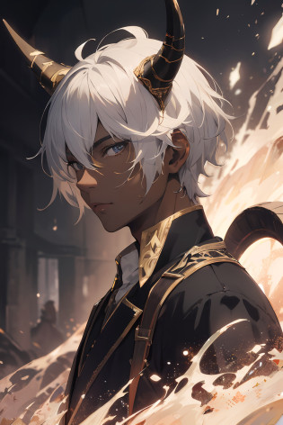 absurds?Hi-Res?super-detailed?official arts?Unified 8k wallpapers?super-detailed?Beauty and aesthetics?Obra-prima?best qality?short white colored hair?Dark skin?There are horns on the head?Cute and handsome boy