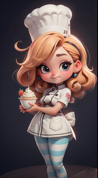 Create a series of cute baby chibi style dolls with a cute pastry chef theme, each with lots of detail and in an 8K resolution. All dolls should follow the same solid background pattern and be complete in the image, mostrando o (corpo inteiro, incluindo as pernas: 1.5)

Boneca Mini Chef: Chame-a de Marina. Ela deve ter cabelo curto e liso em tom moreno marrom. Seus olhos devem ser grandes e expressivos, with long eyelashes and rosy cheeks. Sorriso delicado e branco. Sophie deve estar vestida com uma jaqueta de chef, striped pants and an ornate chef's hat. She must hold a chocolate brigadier in her hands. Certifique-se de adicionar detalhes nas roupas, such as buttons and pockets, sapato bonito

Certifique-se de adicionar sombras, texturas e detalhes nos cabelos, roupas, confectionery utensils, to make them even more adorable and charming.