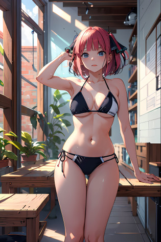 obra maestra, mejor calidad, highres, nn1, 1girl, cinta de pelo, pelo corto, 1girl, solo, Bikini, Muslos anchos, pechos firmes, en sala de estar, mirando al espectador, manos en la cintura