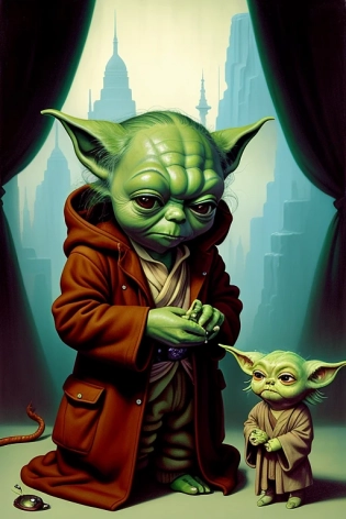 Yoda noir pop surrealism modern art by Greg Simkins and Salvador Dali