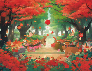 The picture shows the autumn forest?Red flowers and green leaves everywhere?The animals discuss how to celebrate birthdays for their homeland?Little swallow holds hydrangea petals to make a five-star red flag?Little rabbits blow balloons and hang them on big trees?The little squirrel makes a string of lights out of pinecones?