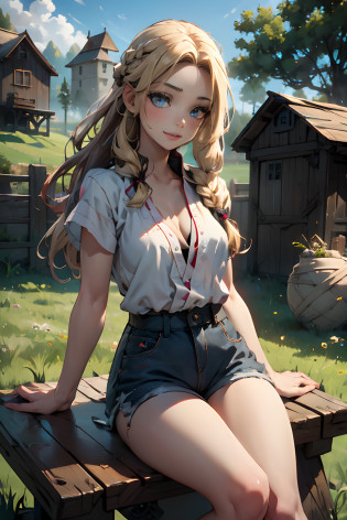 ?????,cute girl sitting on a bale of hay, long hair, blonde hair, red patchy plaid shirt, cleavage, small breasts, standing, against hay bale, blue jean shorts, cowboy boots, smiling, blue eyes, hay bale, standing, farm scenery, day time, realistic:1.2, outdoors, red plaid shirt, (skin, realistic:1.2), braided hair, black hair,, (hyper realism:1.3), parted lips
