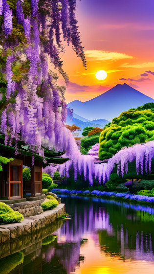 mdjrny-pprct, japanese architecture, Sakura, wisteria, Flower Garden, mountains and rivers, Clouds (high detial: 1.2)?the setting sun?Evening glow?morning glow