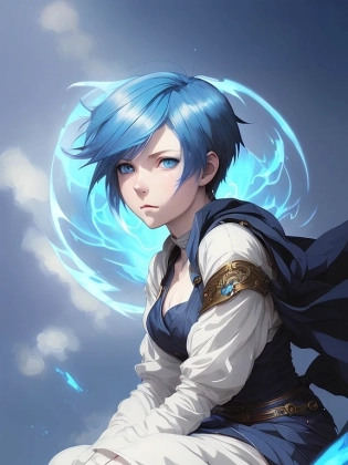 a girl with short blue hair and blue eyes is sitting on a cloud, anime style, light effect, anime style hyper detailed, illustration, bloody, intricate, elegant, digital painting, artstation, smooth, sharp focus, art by artgerm and greg rutkowski and alphonse mucha