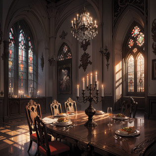better quality, detailded,8k, obra de arte, Interior Gothic castle, Lounge, Dining table, Shiny,, imposing, Gray stone, detailded, Dark wood floors, Sun sunset, Through the window I could see the sunset sun, Imposing pointed windows, Gothic architecture, Large dark wood dining table, Banquet for two, Two dishes on the table, Medieval woodwoods, candlelit, House of Vampires, Elegant chandelier, dark color theme, Wall art, The camera is far away, Wide field of view, Cinematic feel, cold lighting, Grey stone walls from the Middle Ages, Arte, Varied meals, liquor, long table, palace