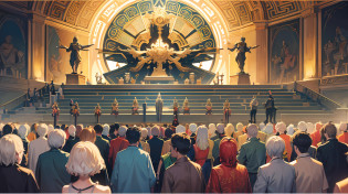 The high platform that calls for the gods has three passages, representing the god King Odin, the archangel Miyole, and the statue of Sun Wukong. The high platform is made of bluestone, each passage is a circular design, the inside of the passage is dark, but the light shines on the statue, making the statue clearly visible. The height of the statue is about two meters, which are Odin's long-bearded shawl, Miyingle's wings, and Sun Wukong's appearance holding a golden hoop stick. On the other side of the passage is an open square with an ornate stone monument standing on it. The high platform is surrounded by a dense crowd of worshippers, and the scene is quite noisy. Everyone is bowing respectfully and praying silently. --auto --s2