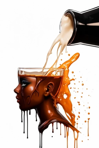 Impactful composition, dripping (neon:0. 4) (coffee:0. 4) (heat splash:0. 4) paint across the shape of a female human, woman drinks a coffee, realistic , high detail, white background