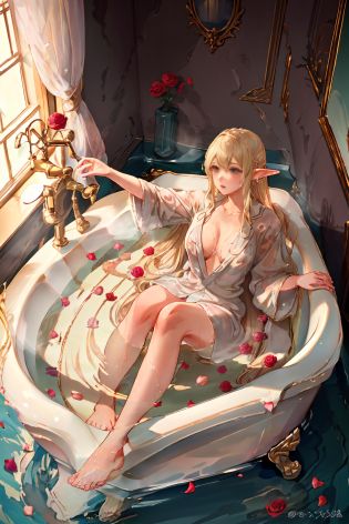nsfw, ((1girl)), ((masterpiece)), realistic, ((highly detailed:1.3)), beautiful elf princess bathing in a marble tub, ((very long blonde hair)), wet hair, wearing a sheer bathrobe, clothed bathing, ivorygoldai, royal palace bathroom setting, steam, very large ornate marble tub, (rose petals floating in water:1.3), early morning light, windows, crepuscular lighting, dynamic pose, dynamic angle,  <lora:IvoryGoldAI:0.5>  <lora:clothedbathing:1>