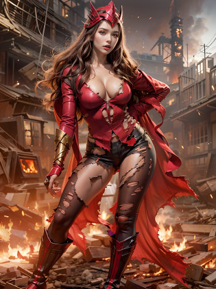 Hyper realistic, 1woman, Beautiful Scarlet Witch wearing a skimpy scandalous costume, full-body portrait, full-length portrait, Scarlet Witch from Avengers, heroic expression, action pose, using Scarlet Witch powers, sexy, brown hair, light hazel eyes, Scarlet Witch boots,  Scarlet Witch crown, costume looks like its been destroyed as if in battle, nearly naked, torn costume, costume is in tatters with lots of holes and tears in it, lots of skin showing, lots of cleavage visible, cleavage, torn clothes, background is post-apocalyptic metropolis, nsfw, high quality, lots of holes in Scarlet Witch tube top, lots of holes in Scarlet Witch bikini bottom, mostly naked, (Torn Clothes:1.8), (Burned Clothes:1.5), DSLR, hyper realistic photography