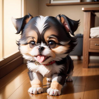 There was a small dog sitting on the floor?Stick out her tongue,Cute dog, Shih Tzu, is a stunning, small dog, pet animal, adolable, beautiful photograph,  o cachorrinho, Portrait shooting, kawaii cute dog, Puppies, happy dog, proud look?inside in room