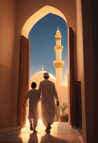 illustration of the Eid al-Fitr celebration, there is a happy father and son walking towards the mosque, the atmosphere in the morning, with morning sun, morning lighting, cinematic, ultra realistic, Canon camera, cinematic lighting, drone view, the mosque looks sacred,