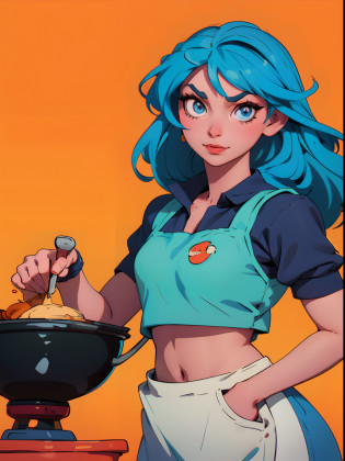 cartoon illustration of a indian woman in an apron mixing food, crop top, cooking, cartoon style illustration, a beautiful artwork illustration, cooking show, vector style drawing, looking at viewer, food is delicious expression, happy, blank background, foreground only one mixing pot, anime style, must look at viewer, realistic eyes, real pupils, look at viewer