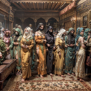 Six masked Arab slave girls were tied to the podium?binding?enslavement?Gaggage?bound waist?Blindfolded?handcuff?anklet?For people to choose?Masked woman in background opens wooden box?Drag out the bundled one?Slave girl trapped in a wooden box?A row of veils and masks on a luxury booth?Beautiful women wearing only underwear wear wear gorgeous burqas?There are female guests wearing veils?The masked female boss introduced on the side?All masked?In coastal cities?Modern luxury Arabian slave market?Slave girls monopolized the market?Luxury carpets?tapestry?Arabian luxury d�cor?Many Arab masked beauties?All Arab Beauty employees?All-Arab female guests? Cinematic texture