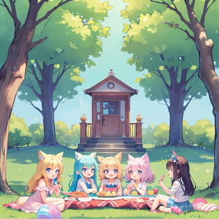 masterpiece, (2girls and 2girls and 2girls and 2girls at picnic), idol, big eyes, kawaiitech, kawaii, cute, pastel colors, best quality, happy, deep background, symmetrical, tilted head, summer