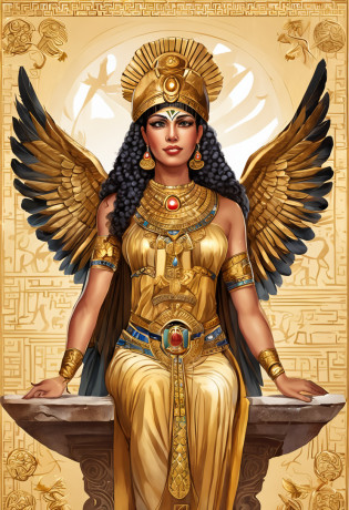 Isis: Main goddess of the Egyptian pantheon dressed in gold and golden makeup with arms and wings spread, in the style of the Egyptian gods,  depicted with a throne-shaped head adornment, a reference to Osiris. coberto de joias de luxo, joias, luxo, EGYPTIAN SYMBOLS, joias de pintores e escultores, detalhes altos, Realistic, Detalhamento ultra intrincado, 8k, Cinematic lighting, cinemactic. Image with resolution of at least 300dpi