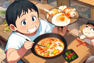 The little chubby boy was holding a plate of grilled skewers, and was still gnawing on one. He was wearing an orange short sleeve and dark blue shorts. There was a contented and happy expression on his face, as if it was his favorite food. His hair is a bit messy, he only has two eyebrows, his eyes are big and slightly round. Behind the little chubby boy are rows of grilled skewers, and the flickering light of the charcoal fire illuminates the whole scene. He didn't seem to notice the environment behind him, enjoying the delicious skewers wholeheartedly.

The whole picture adopts the style of Chinese painting, with smooth and soft lines and elegant and fresh colors. The background is outlined with some simple lines, highlighting the image of the little chubby boy. The overall tone of the picture is mainly yellow and brown, giving people a warm and comfortable feeling. The image of the little chubby boy is so cute that people can't help but want to laugh.

The message conveyed by this painting is: the little chubby boy's love and enjoyment of food. This is also a very important aspect of Chinese culture. People like to try all kinds of food and enjoy the pleasure and satisfaction brought by food. This painting can also make people feel the good times of childhood and recall those moments full of happiness and joy