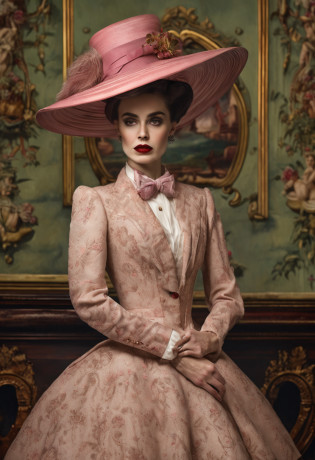a painting of a woman with a hat and bow tie, by Mark Ryden, attractive androgynous humanoid, natali portman, ryan dyar, regal and proud robust woman, 2 0 1 4. modern attire, beautiful androgynous prince, elaborately costumed, demi moore, in impressionist styles, psychedelic colorization, sasha grey, alena aemani digital art