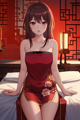 Pubic area is clear?4k wallpaper?HighestQuali?1 teenage girl?brunette color hair?Black eyes?Burgundy silk nightdress?Peony flower pattern??Reallightandshadow?Warm lighting?Chinese style bedroom?Traditional red silk bedding?Traditional Chinese gardens?suburb?nighttime scene?nigh sky?galactic?The upper part of the body