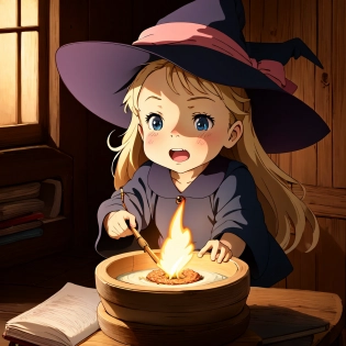 Little Witch casting a wonderful spell, Cute Face, Surprised expression, ( Studio Ghibli:1. 1), Niji ModeModel: 2DN