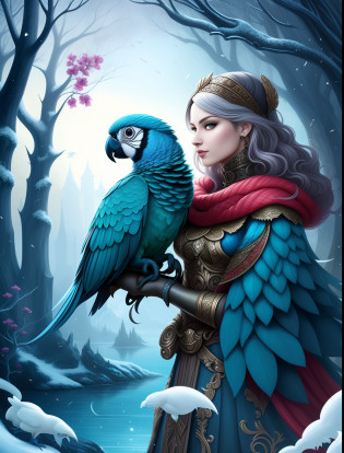 a close-up of a woman holding a parrot on her arm, very beautiful fantasy art, detailed fantasy digital art, high-quality fantasy art, 4k fantasy art, beautiful fantasy art, digital art fantasy art, detailed fantasy art, trending digital fantasy art, 8k high-quality detailed art, fantasy art, hd fantasy art, in style of Anne stokes