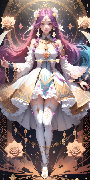 (Golden Ratio:1.2),(rose graffiti:1.2),(fault color:1.3),[(white background:1.4)::10], (full body:1.2),(ultra-detailed:1.3),(tarot:1.6),(the magician (tarot):1.6),

(paper:1.2),(fairy:1.6),(fairy wings:1.2),full body, standing in the air,(cool:1.2),(red long hair),(butterfly hair ornaments),(flower hair ornaments:1.0),((sandal,Locket)),(colorful cocktail long dress:1.0)+(Loose sleeves coat :1.3)+(floting colorful tassel and ribbon :1.2),(White stockings:1.2),

(colorful ink paper flower grow on the face:1.2),(colorful flower sea:1.3),

(chaotic geometric images:1.3),(nagative space:0.8),(drawing board:1.3),

(ether colorful ink flowing:1.3) --auto --s2